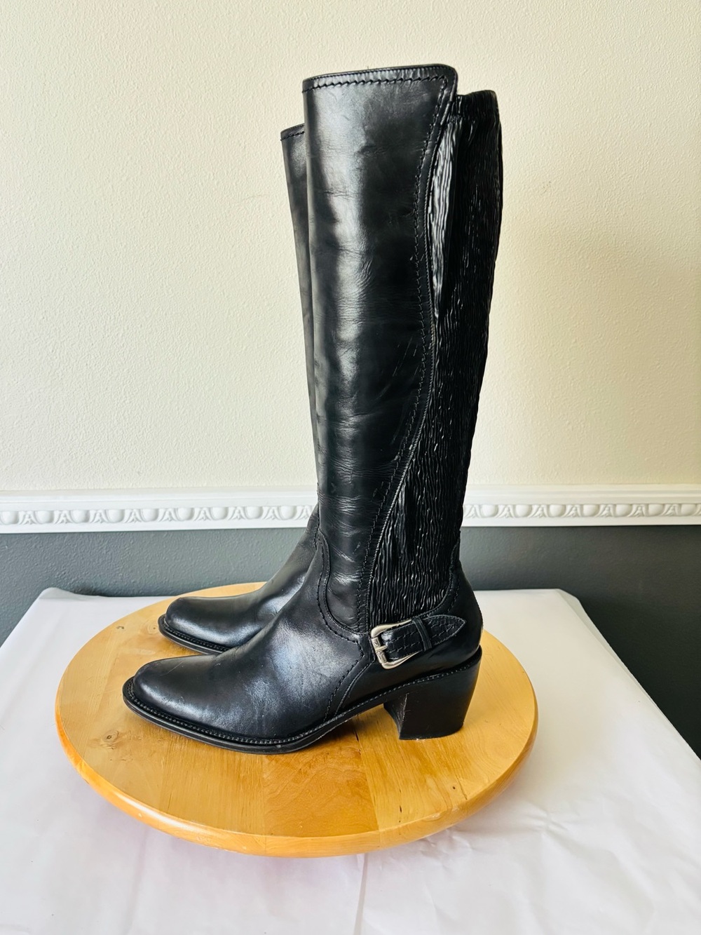 Donald J. Pliner Black Leather Knee-High Buckle Boots Size 6.5